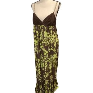 Intrigue Babydoll Spaghetti Strap Maxi Dress Ruffle Hem Brown Green Large Fairy